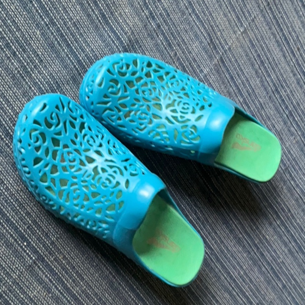 Dansko Blue Mules with Green Insole